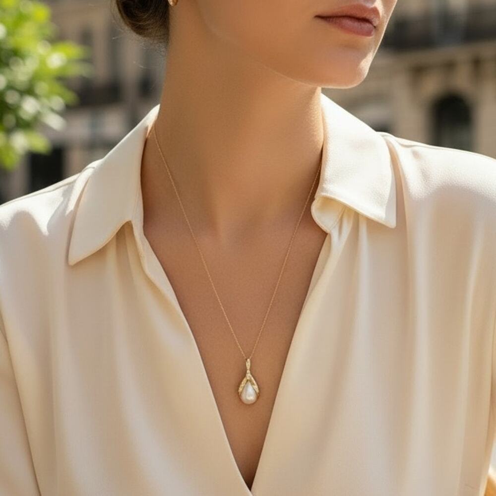 Vintage Avon Faux Pearl Rhinestone Pendant Necklace 14K Gold 24" Chain Coquette